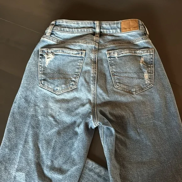 American Eagle Mom Straight Jeans 00 Short Stretch Distressed Denim - Picture 7 of 13